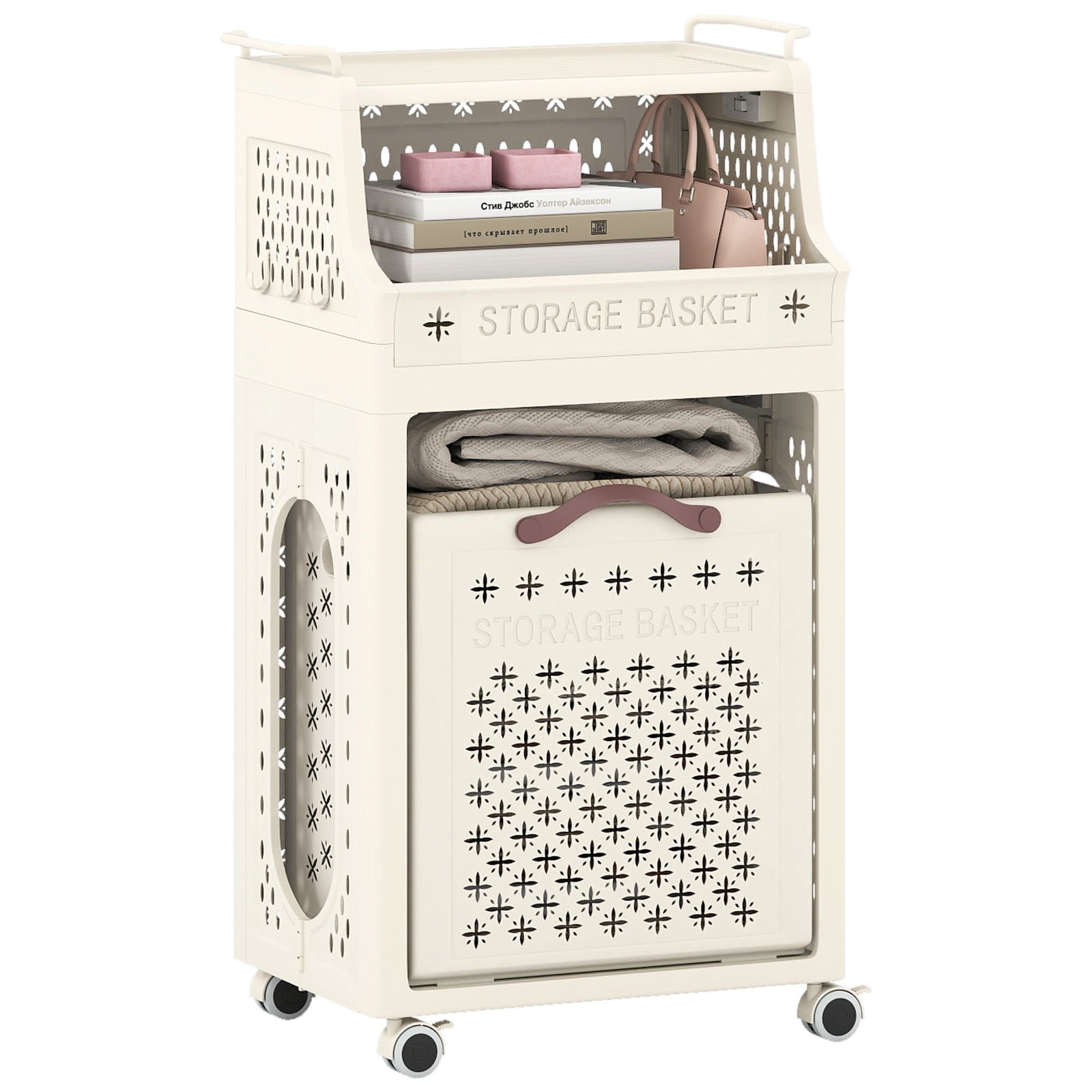 Sulankstomas skalbinių vežimėlis su viršutine lentyna ir ratukais (Smėlio)