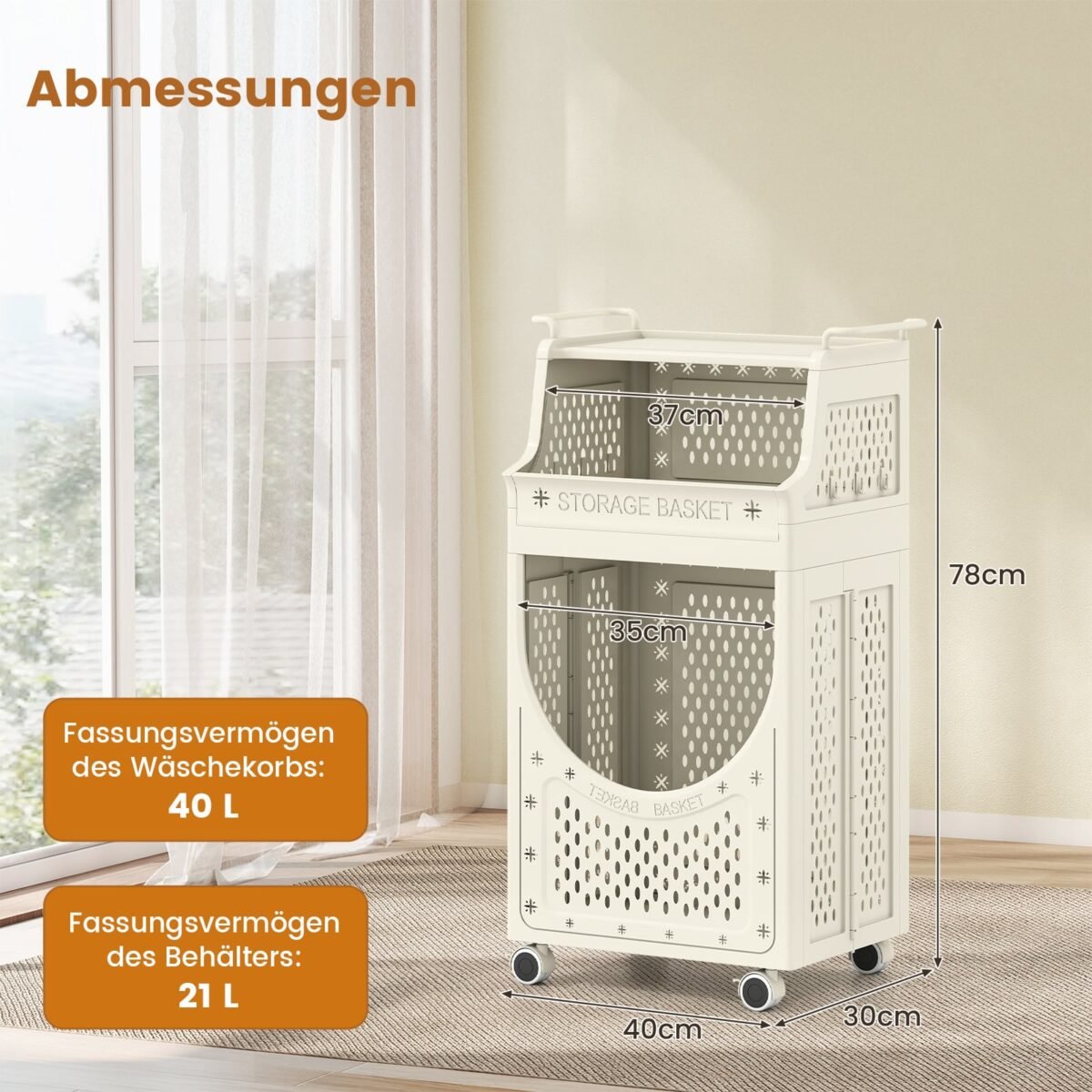 Sulankstomas tripakopis skalbinių vežimėlis su ratukais (Smėlio) – Paveikslėlis 2