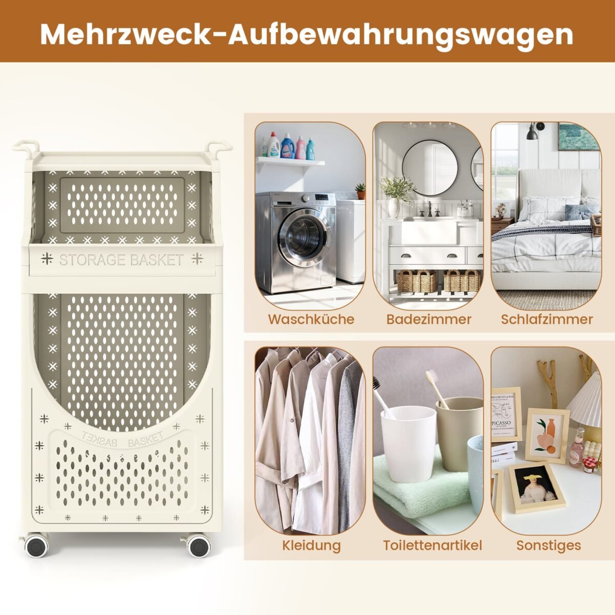 Sulankstomas tripakopis skalbinių vežimėlis su ratukais (Smėlio) – Paveikslėlis 3