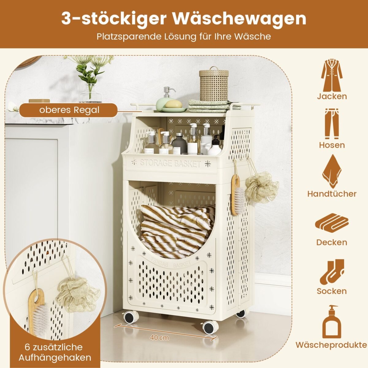 Sulankstomas tripakopis skalbinių vežimėlis su ratukais (Smėlio) – Paveikslėlis 5