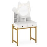 Toaletinis staliukas su katės formos veidrodžiu ir LED apšvietimu (Balta)