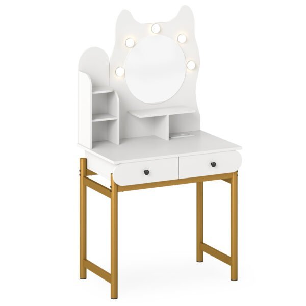 Toaletinis staliukas su katės formos veidrodžiu ir LED apšvietimu (Balta)
