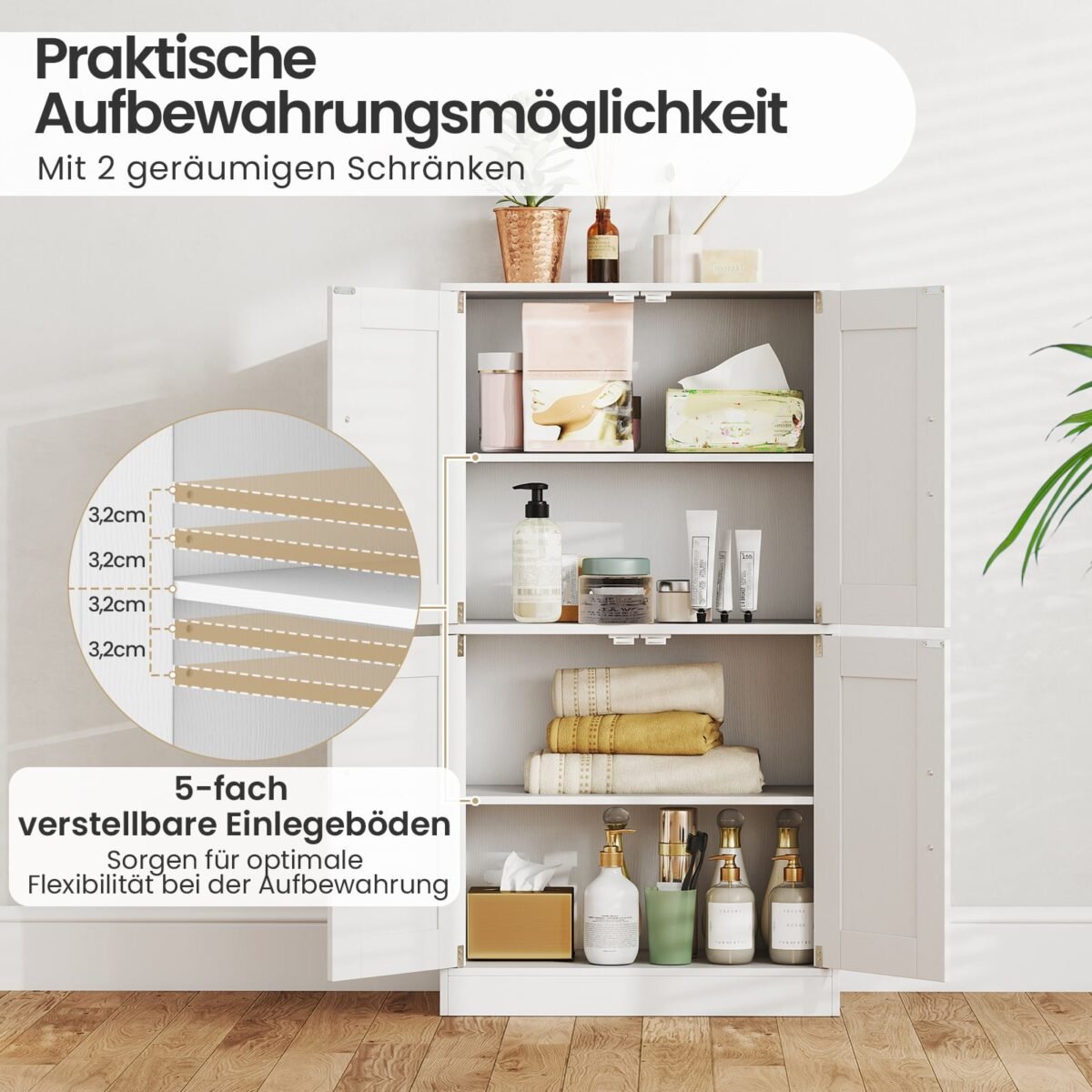 Universali keturių durų spintelė su reguliuojamomis lentynomis (Balta) – Paveikslėlis 4