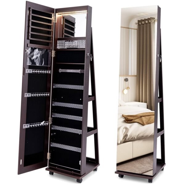 Užrakinama papuošalų spintelė su integruotu kosmetikos veidrodžiu ir reguliuojamomis lentynomis (Tamsiai ruda)