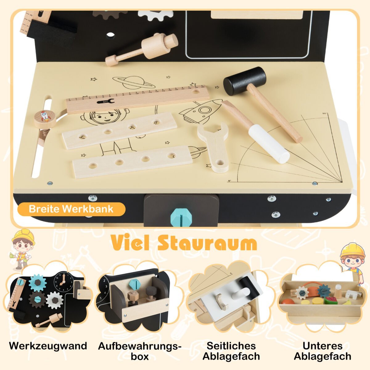 Vaikiškas medinis Montessori darbo stalas su piešimo lenta (Įvairiaspalvis) – Paveikslėlis 5