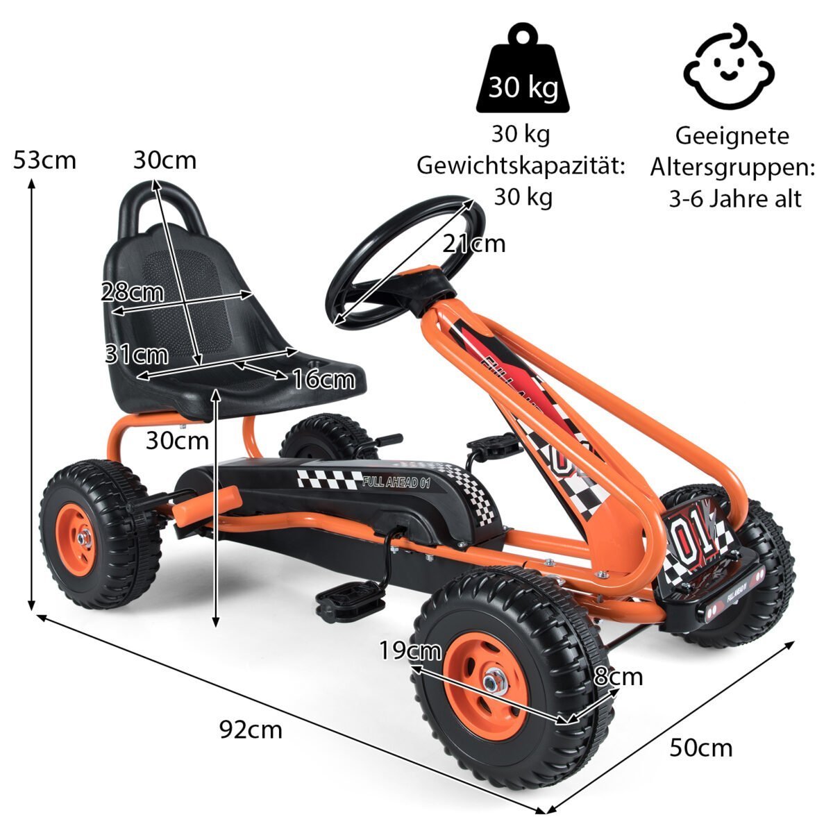Vaikiškas pedalinis kartingas su reguliuojama sėdyne ir rankiniu stabdžiu (Oranžinė) – Paveikslėlis 2