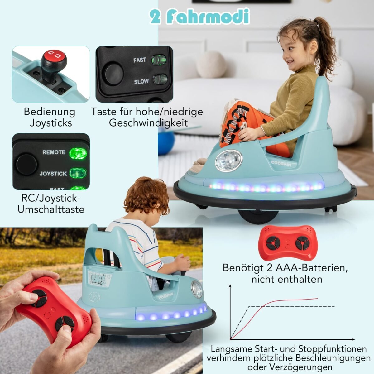 Vaikų elektrinis buferinis automobilis su 360° pasukimu ir nuotoliniu valdymu (Mėlyna) – Paveikslėlis 3