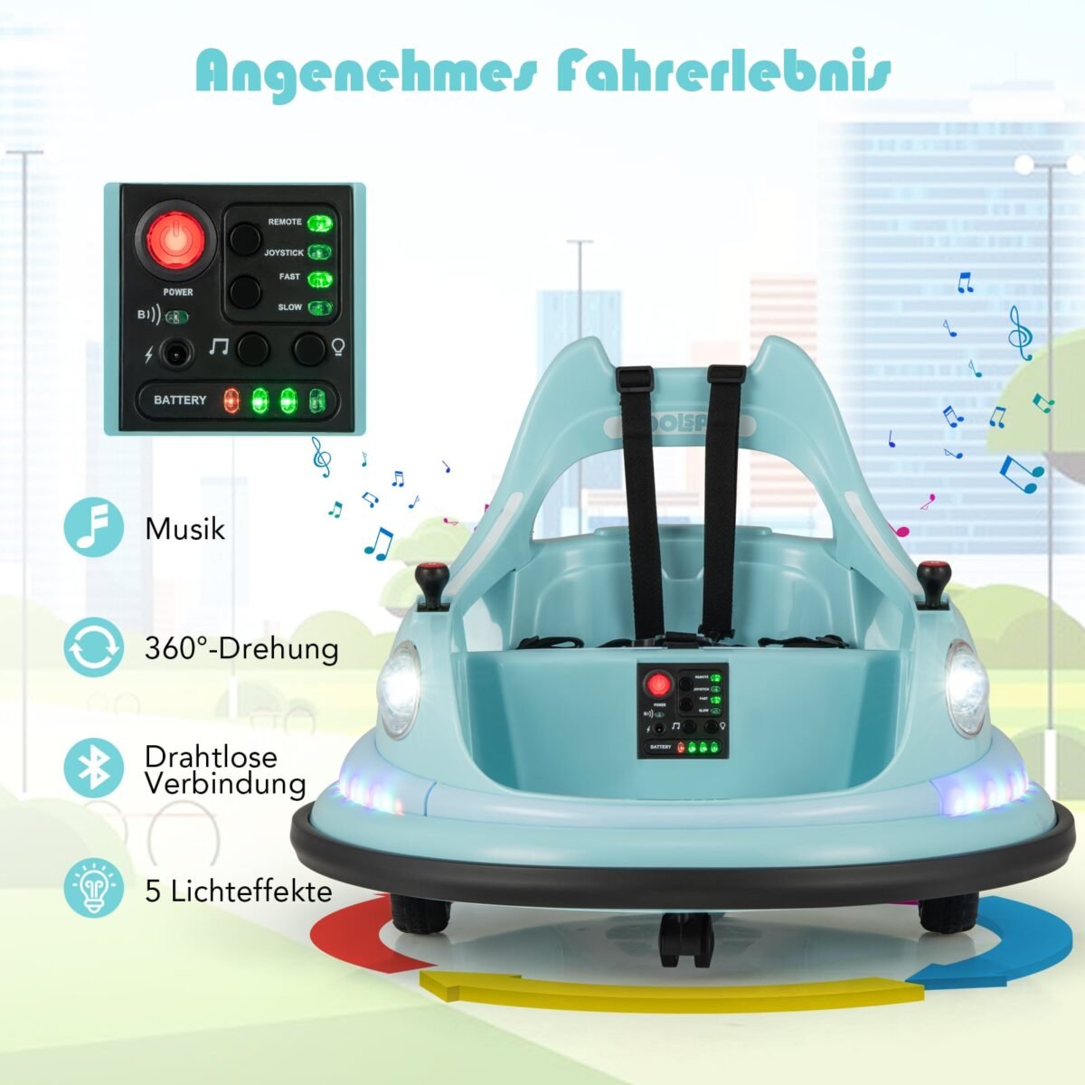 Vaikų elektrinis buferinis automobilis su 360° pasukimu ir nuotoliniu valdymu (Mėlyna) – Paveikslėlis 5