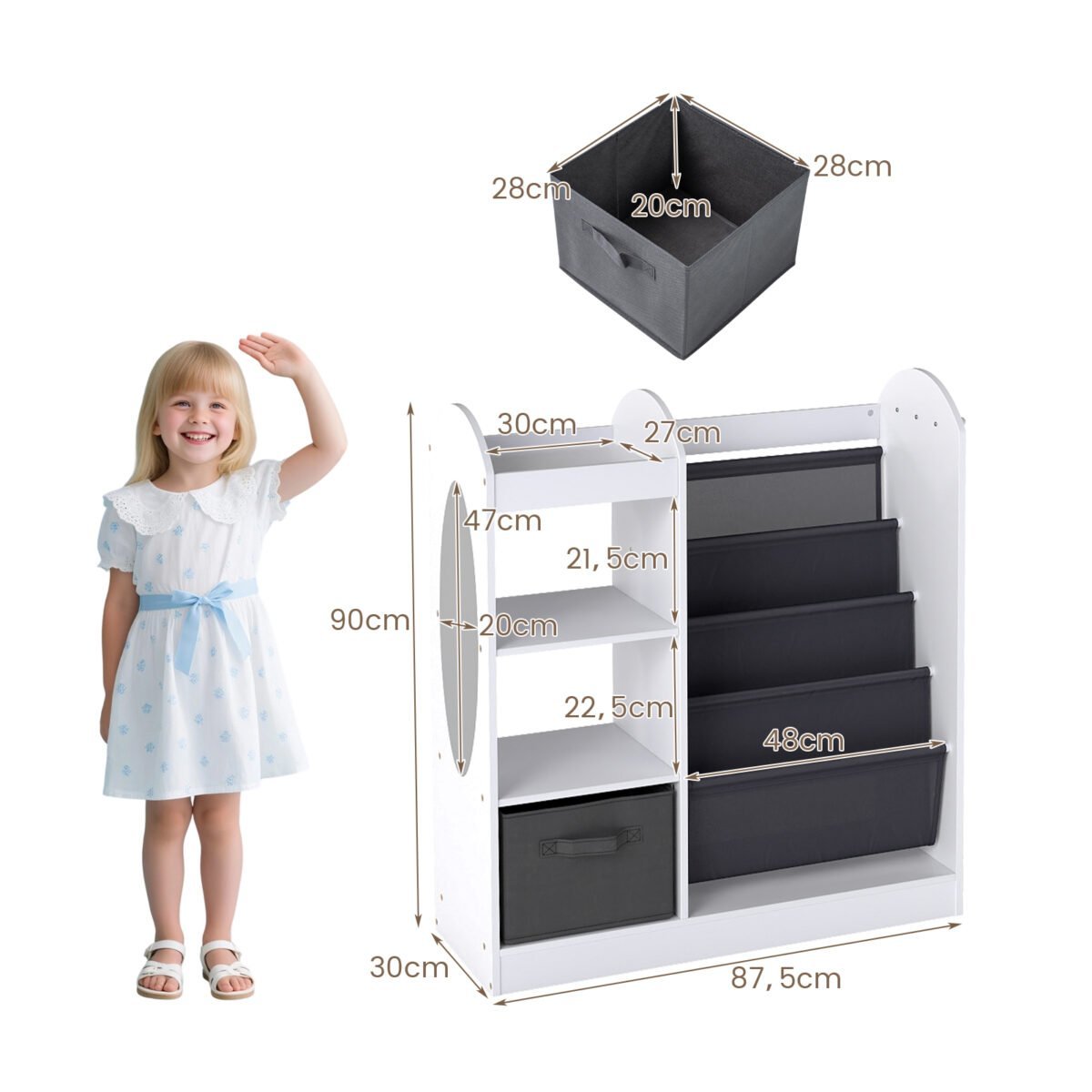 Vaikų knygų lentyna su viso kūno veidrodžiu ir žaislų organizatoriumi (Balta) – Paveikslėlis 2