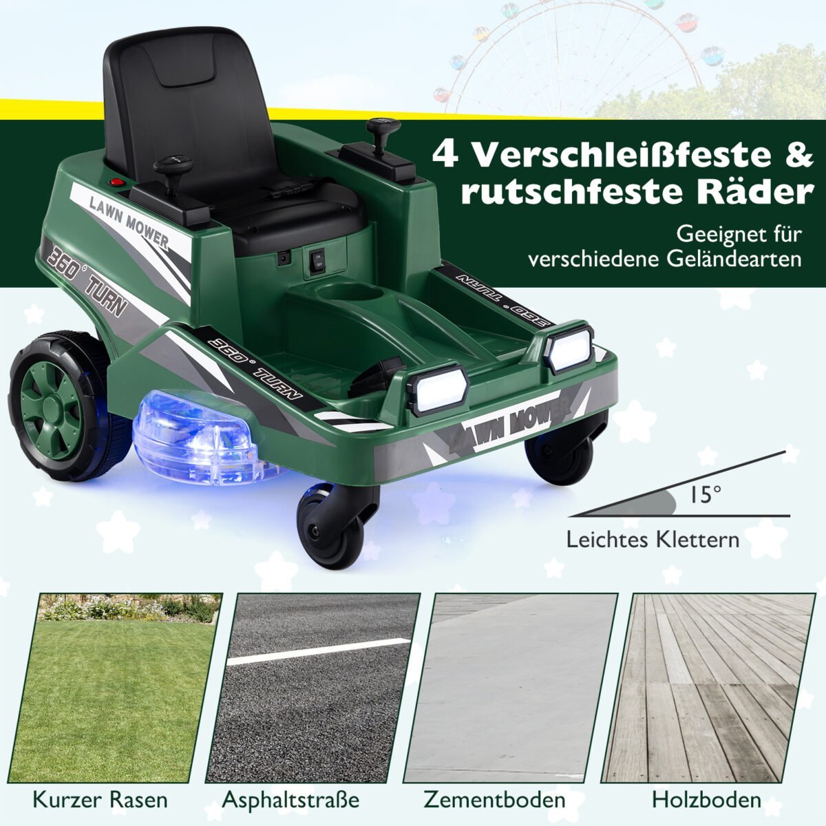 Vaikų pasivažinėjimo vejapjovė su 360° apsisukimu ir LED šviesomis (Žalia) – Paveikslėlis 3