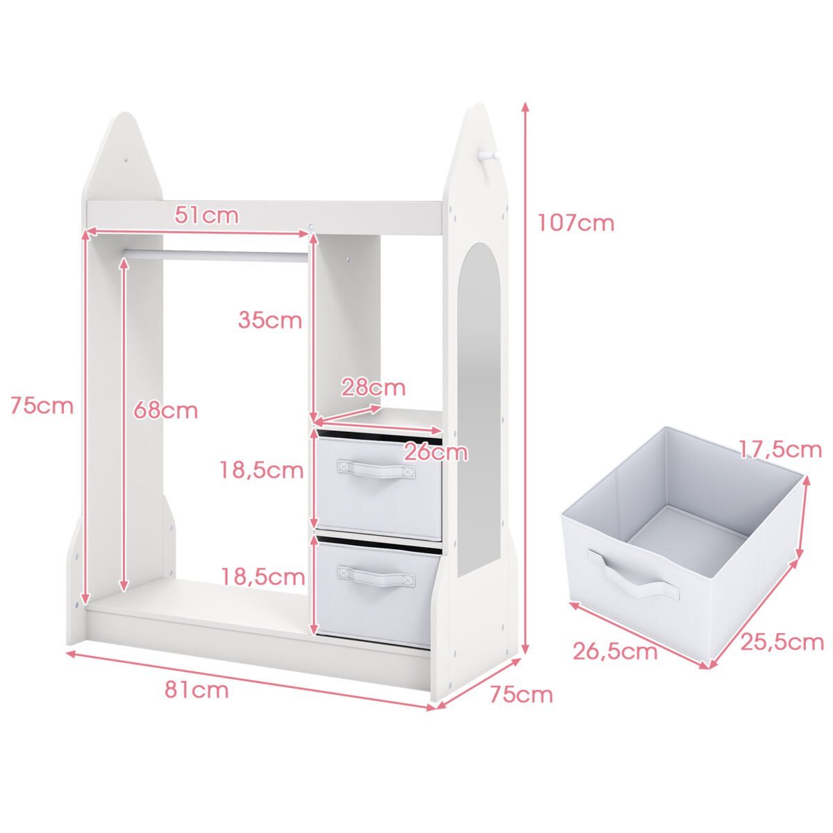 Vaikų persirengimo kampelis su veidrodžiu ir kabykla (Balta) – Paveikslėlis 2