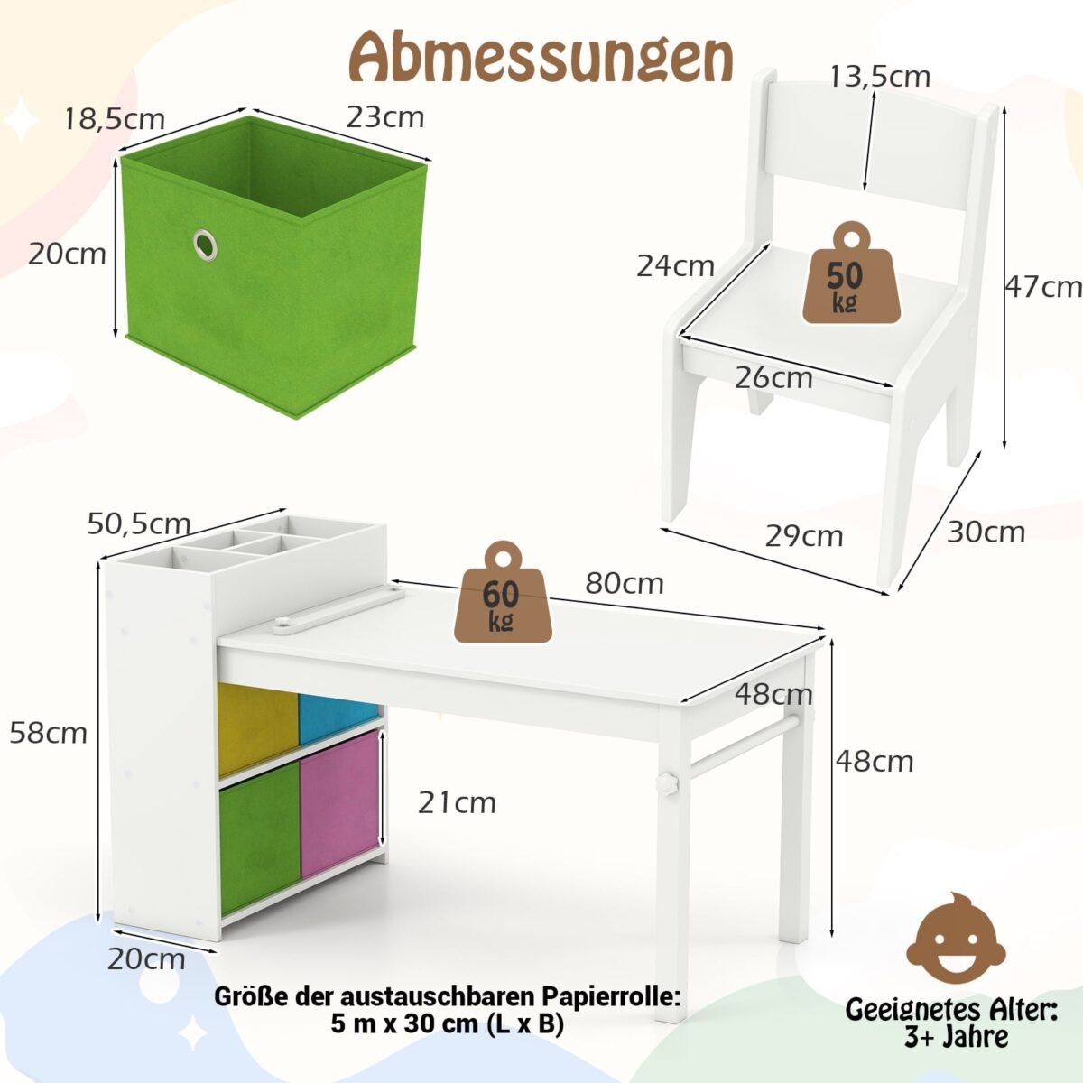 Vaikų piešimo stalas su 2 kėdėmis ir integruotu popieriaus ritiniu (Balta) – Paveikslėlis 2