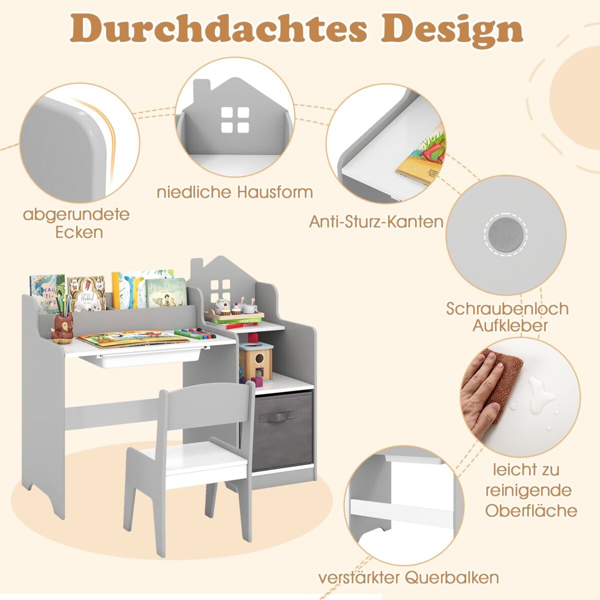 Vaikų rašomasis stalas su kėde ir integruota daiktų saugykla (Pilka) – Paveikslėlis 3