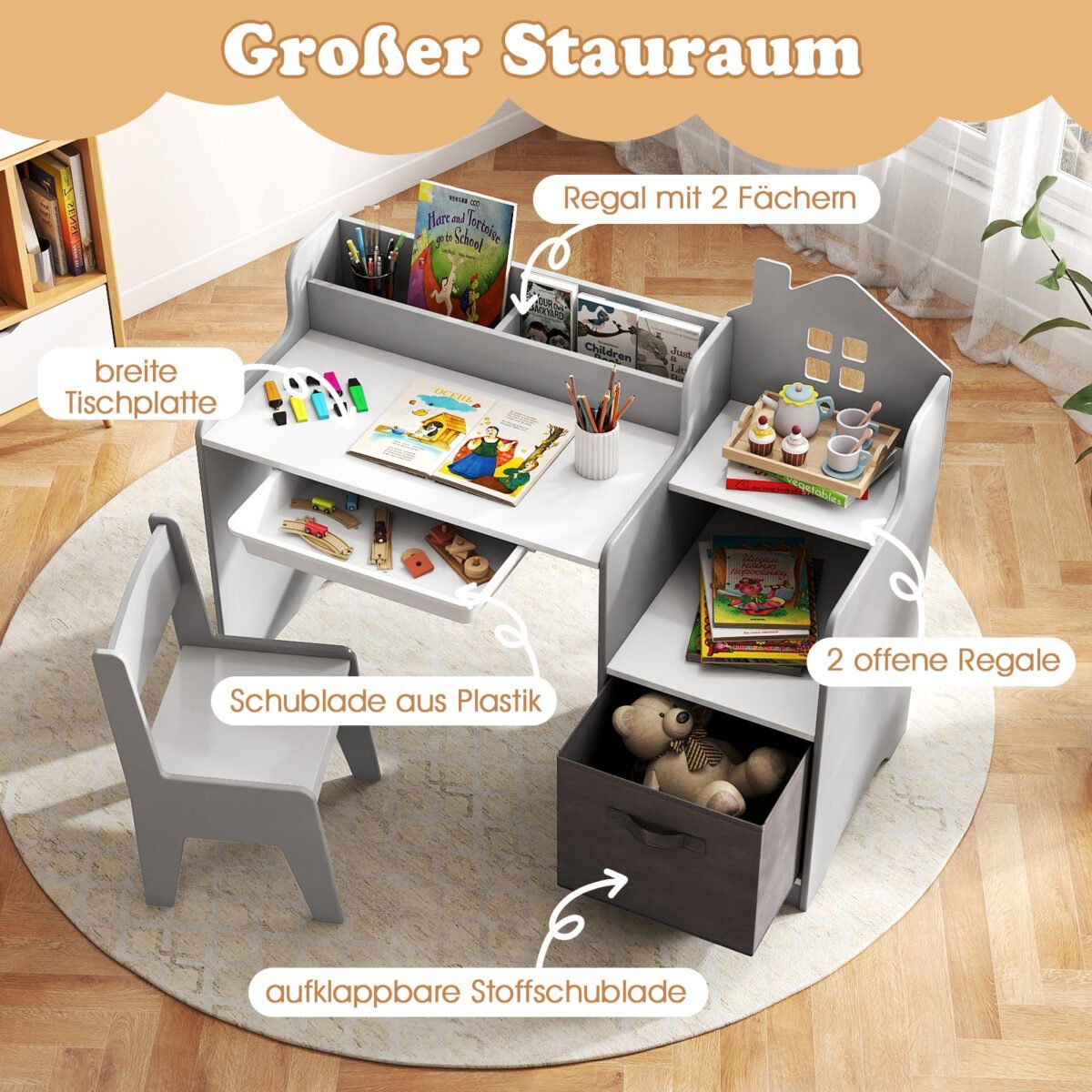 Vaikų rašomasis stalas su kėde ir integruota daiktų saugykla (Pilka) – Paveikslėlis 4