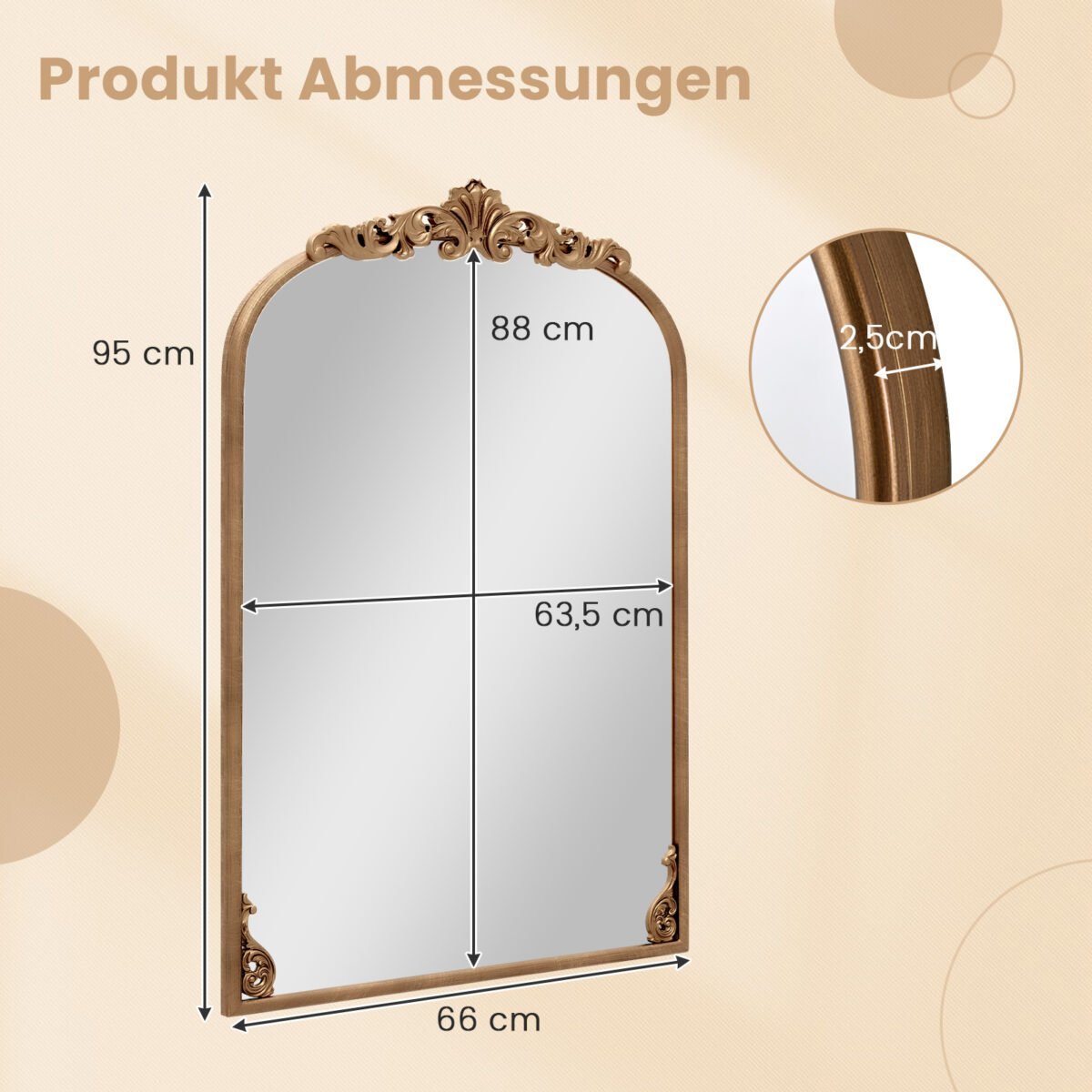 Vintažinis barokinis sieninis veidrodis su metalo rėmu (Auksinė) – Paveikslėlis 2