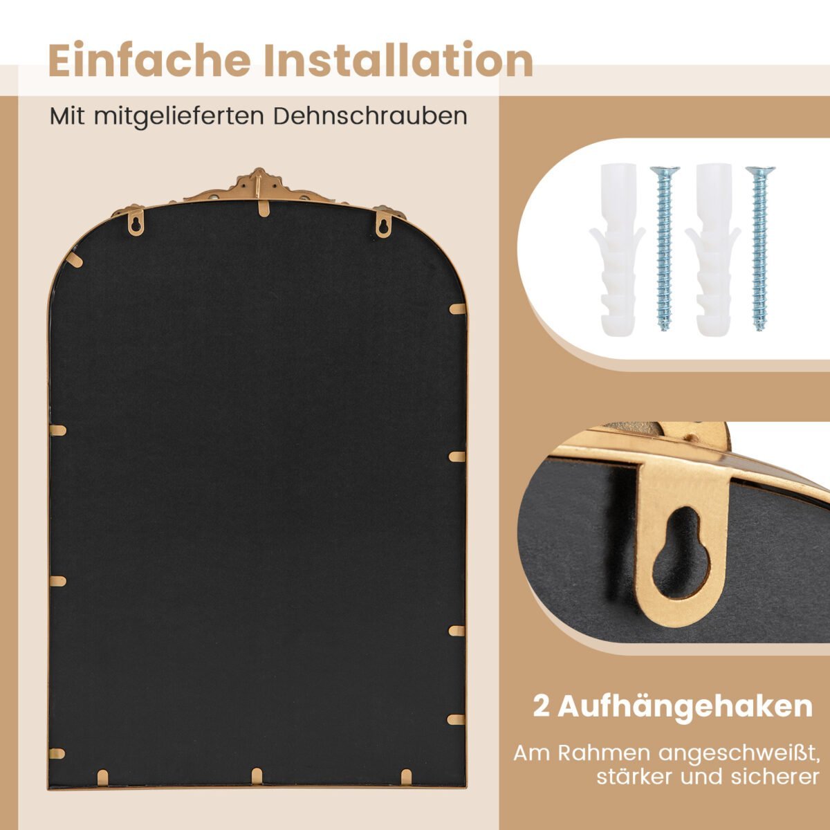 Vintažinis barokinis sieninis veidrodis su metalo rėmu (Auksinė) – Paveikslėlis 3