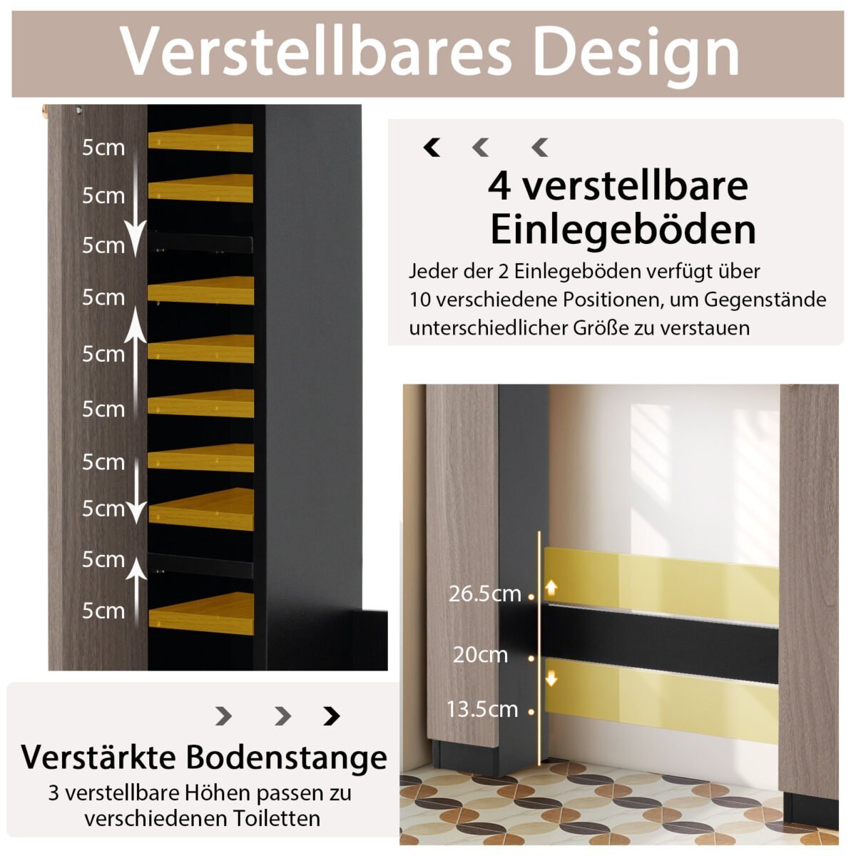 Virštualetinė pastatoma spintelė su dvigubomis durelėmis ir atviromis lentynomis (Juoda) – Paveikslėlis 4