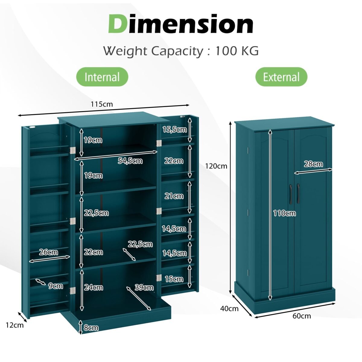 Virtuvės spintelė su 2 durimis ir 6 reguliuojamomis lentynomis (Žalia) – Paveikslėlis 2