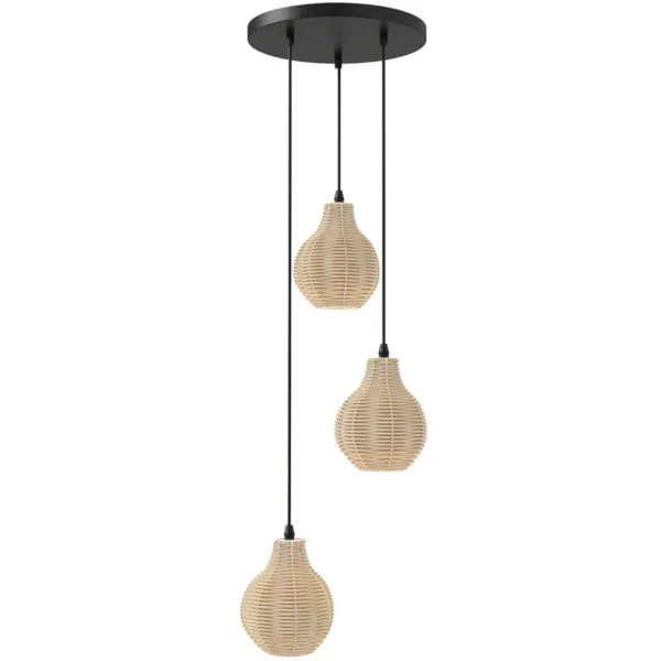Boho stiliaus rankų darbo trijų šviesų rotango pakabinamas šviestuvas su reguliuojamu aukščiu (Smėlio)