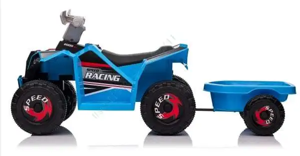 Elektrinis vaikiškas keturratis su atspariais ratais ir nuimama priekaba (Mėlyna)