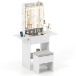 Kosmetinis staliukas su LED veidrodžiu kėdute ir integruotais elektros lizdais (Balta)