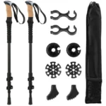 Lengvos reguliuojamos aliuminio trekingo lazdos su kamštinėmis ir EVA rankenomis (Juoda)