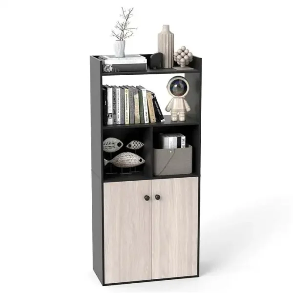 Pastatoma 3-pakopų knygų lentyna su dvidure spintele (Juoda)