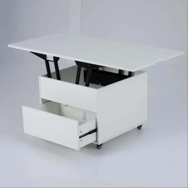 Reguliuojamo aukščio sulankstomas kavos staliukas su paslėpta daiktadėže (Balta)