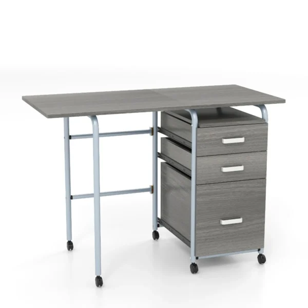 Sulankstomas kompiuterio stalas su 3 stalčiais ir ratukais (Pilka)