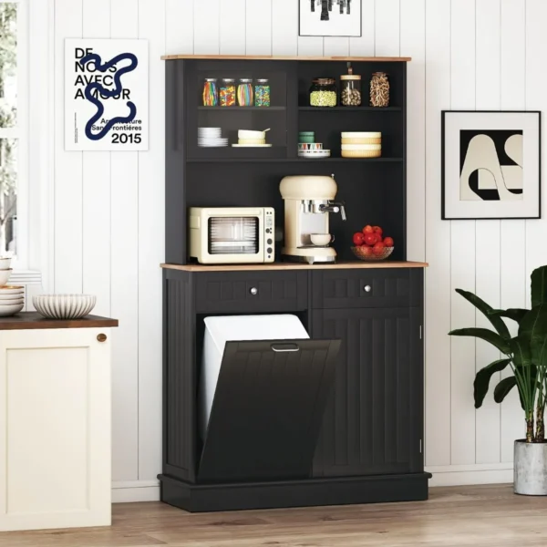 Virtuvinė spintelė su atverčiama šiukšliadėže ir reguliuojamomis lentynomis (Juoda)