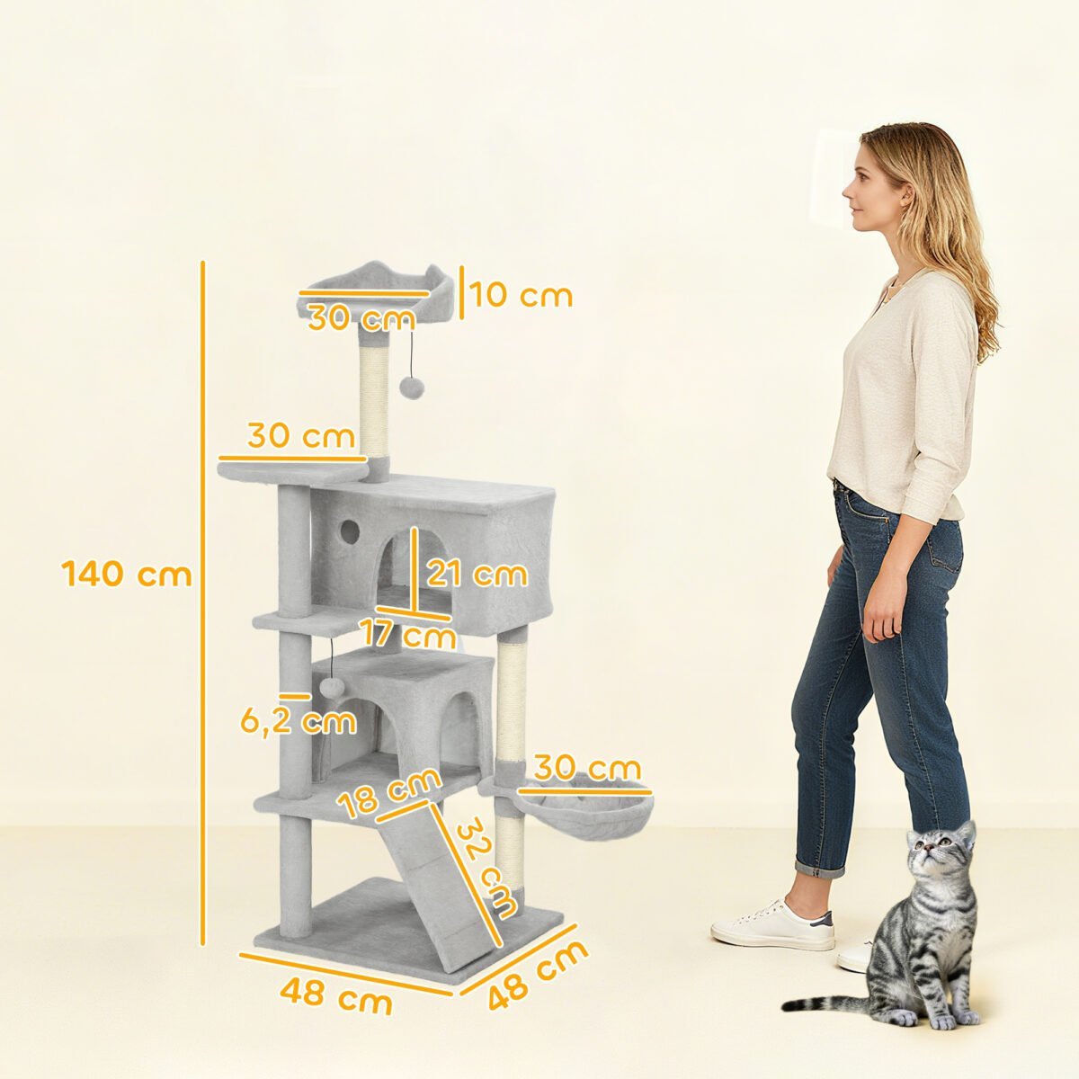 140 cm Kačių medis su daugiaaukščiais gultais, sizalio draskykle ir sustiprintu pagrindu – Paveikslėlis 3