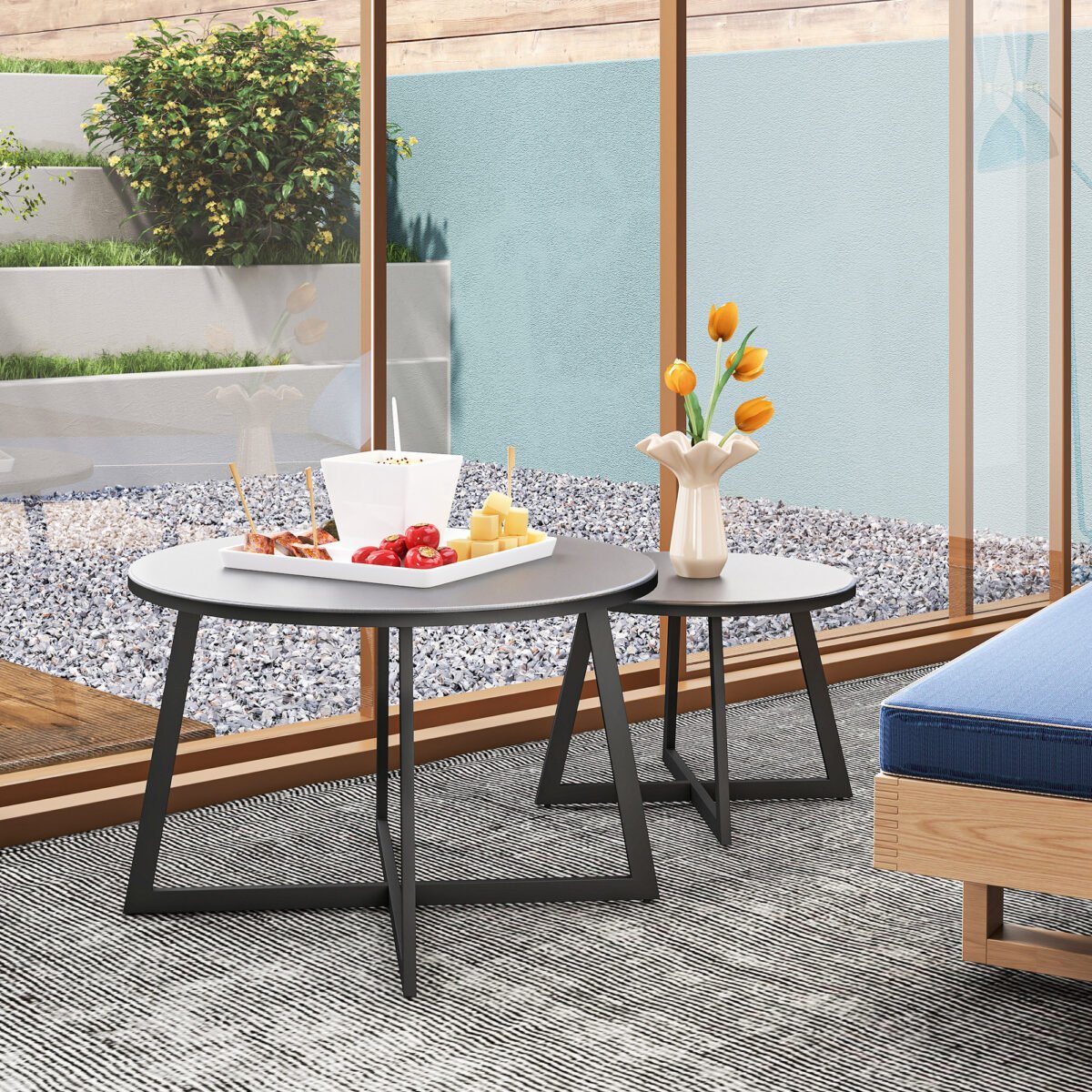 2 dalių apvalių lauko staliukų komplektas su įstatomu dizainu ir stikliniu paviršiumi – Paveikslėlis 9