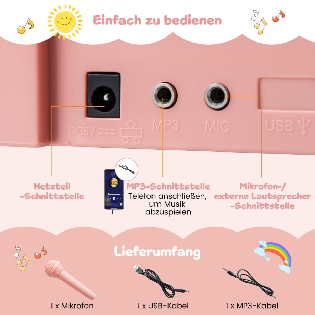 25 klavišų elektrinis pianinas vaikams su mikrofonu ir kėdute (Rožinė) – Paveikslėlis 5