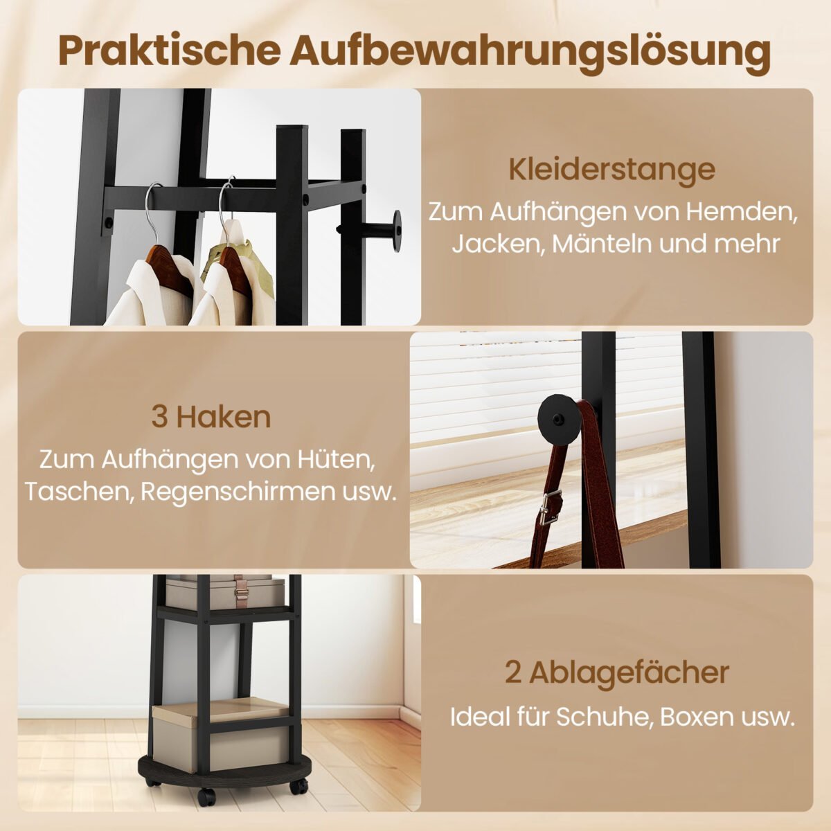 Drabužių kabykla su veidrodžiu ir lentynėlėmis (Juoda) – Paveikslėlis 5