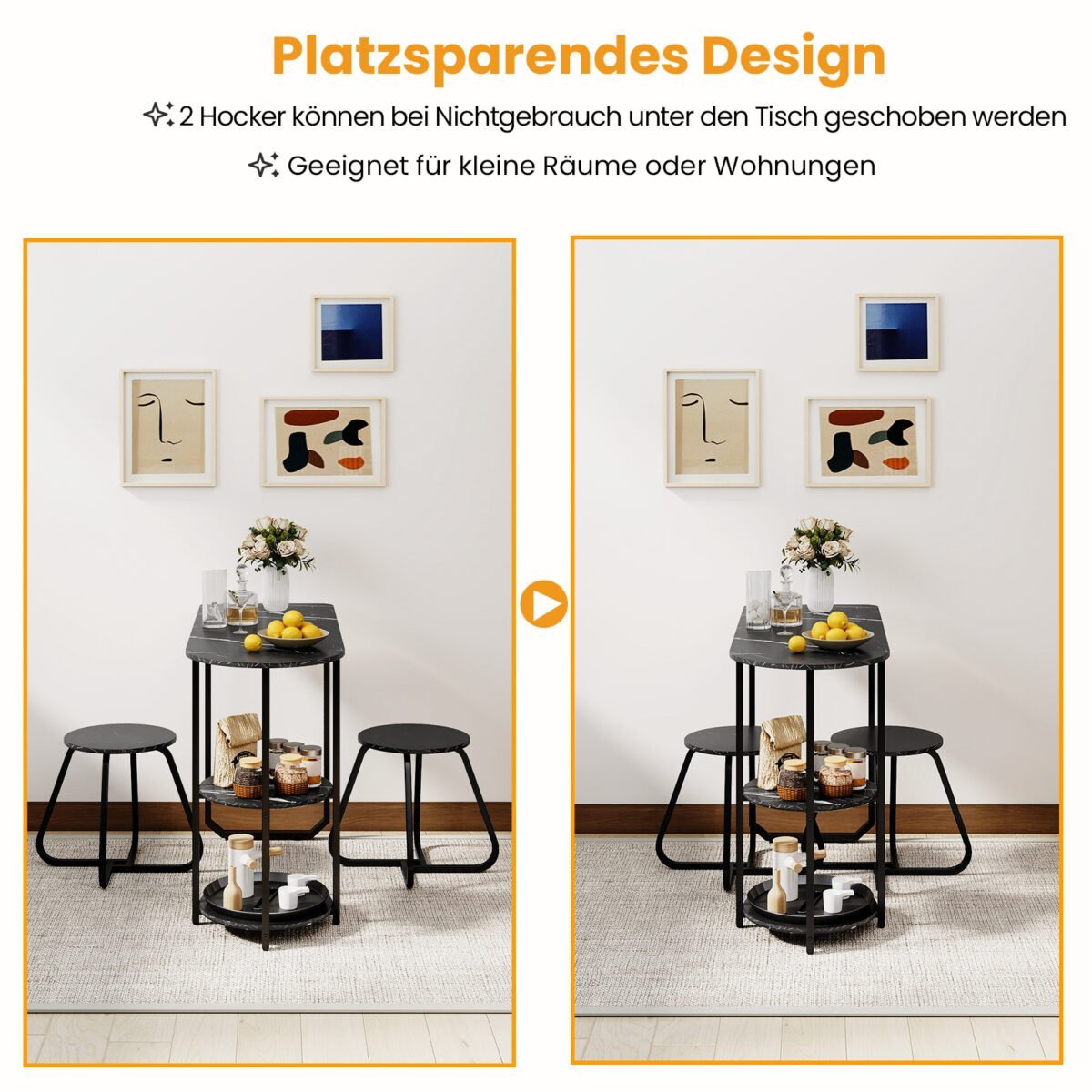 3 dalių pramoninio stiliaus valgomojo stalas su 2 kėdutėmis ir lentynomis (Juoda) – Paveikslėlis 4