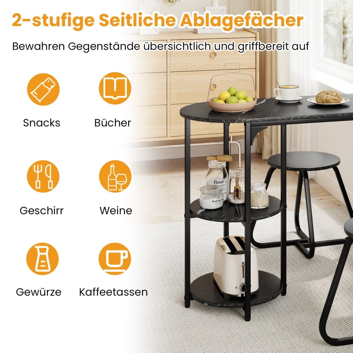 3 dalių pramoninio stiliaus valgomojo stalas su 2 kėdutėmis ir lentynomis (Juoda) – Paveikslėlis 5