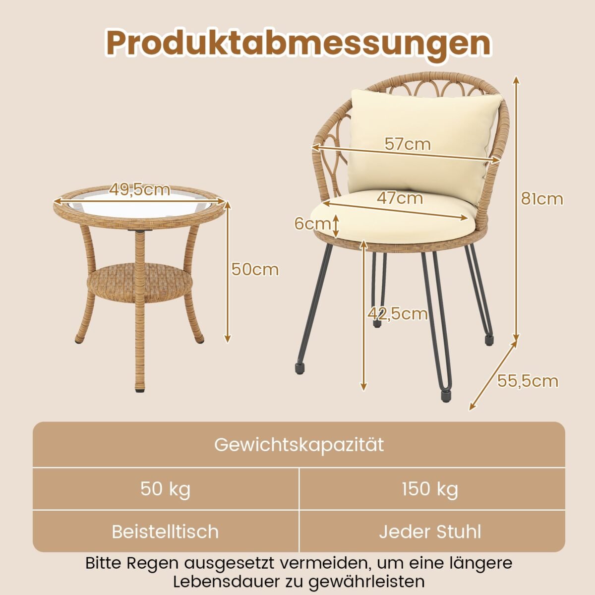 3 dalių ratano bistro rinkinys su pagalvėlėmis ir dviejų aukštų stalu (Smėlio) – Paveikslėlis 2