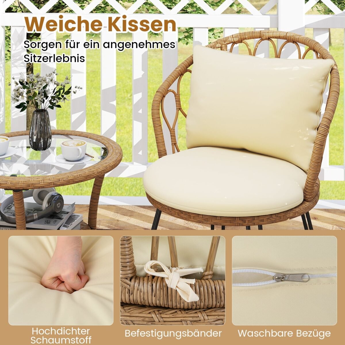 3 dalių ratano bistro rinkinys su pagalvėlėmis ir dviejų aukštų stalu (Smėlio) – Paveikslėlis 3