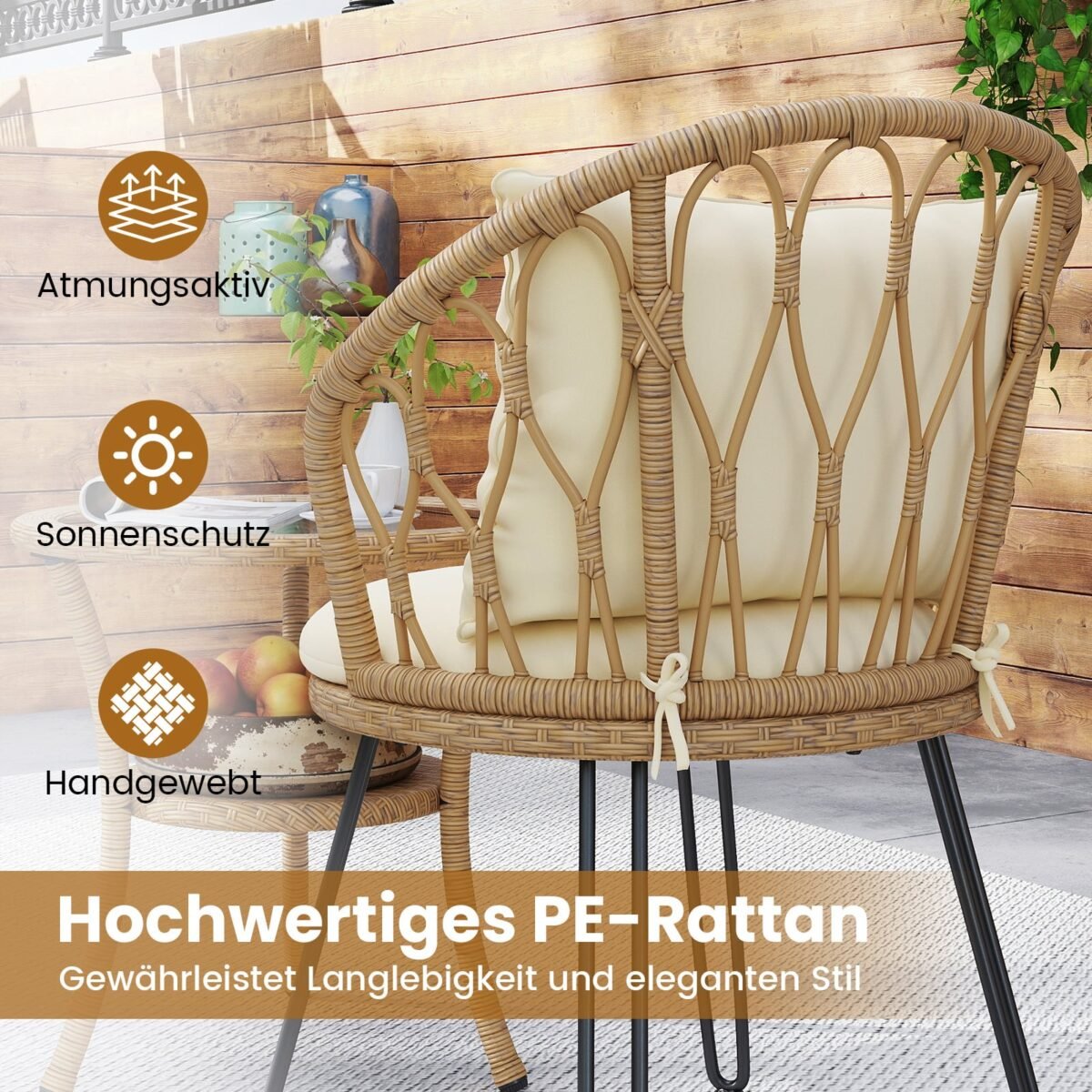 3 dalių ratano bistro rinkinys su pagalvėlėmis ir dviejų aukštų stalu (Smėlio) – Paveikslėlis 4