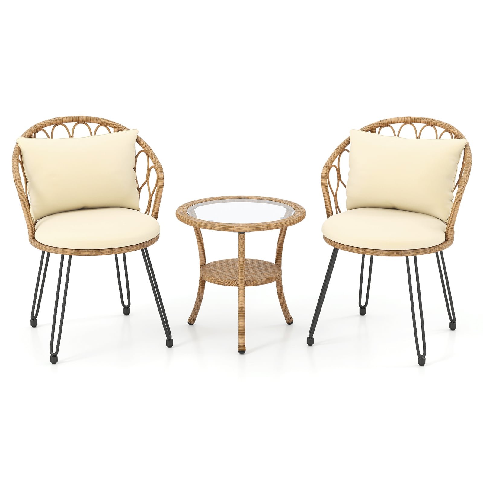 3 dalių PE ratano bistro rinkinys su pagalvėlėmis ir dviejų aukštų stalu (Smėlio)