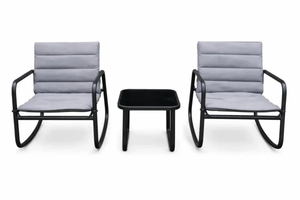 3 dalių lauko supamas bistro komplektas su grūdinto stiklo stalu (Pilka)