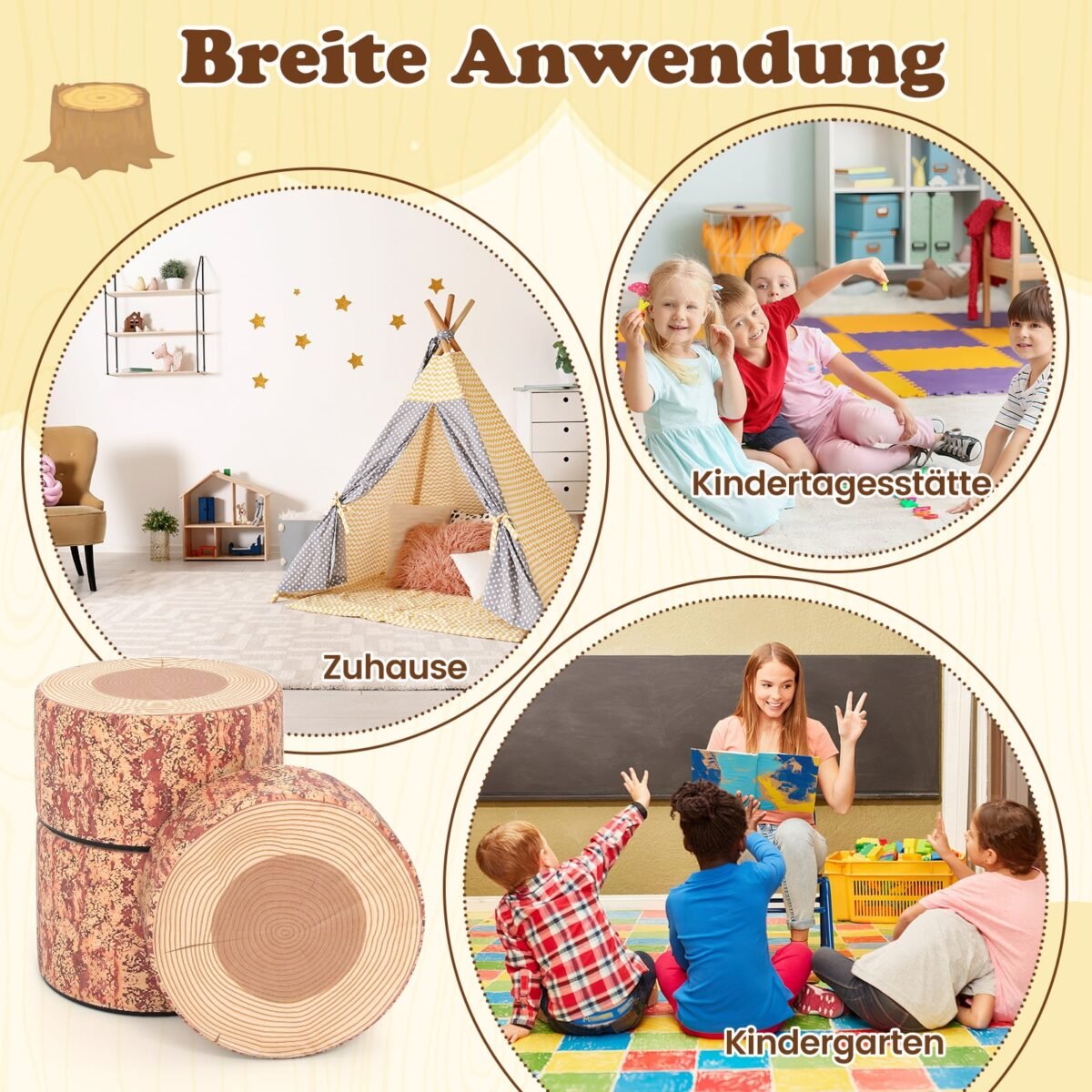 3 dalių vaikiškų medžio rašto pufų rinkinys skirtingų aukščių (Ruda) – Paveikslėlis 3