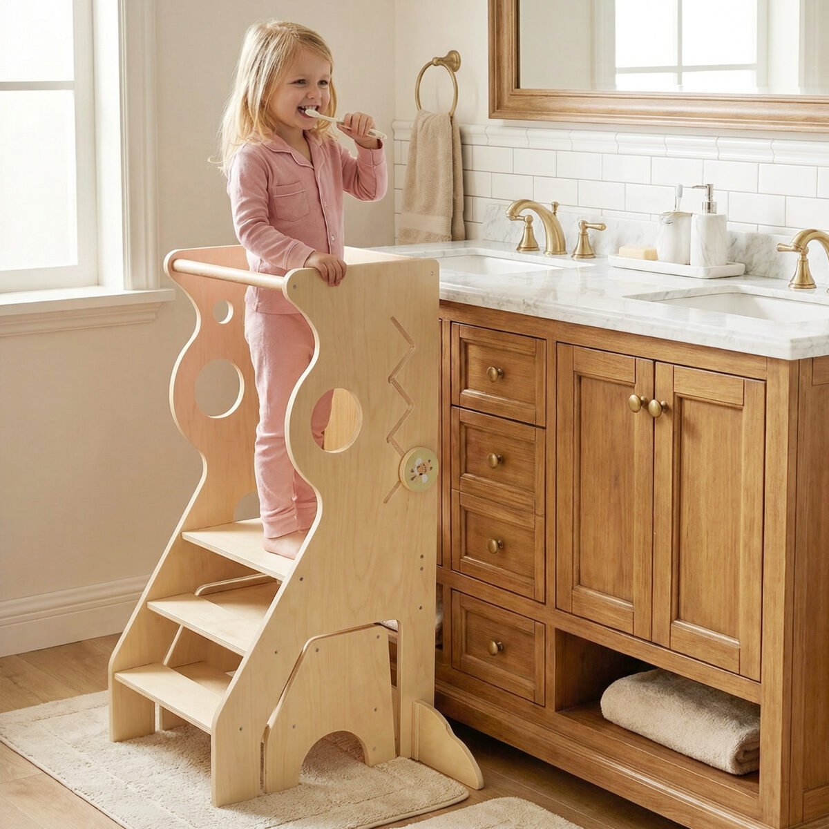 Mokomasis bokštelis su 2 pakopų kėdute 3-in-1 (Natūrali) – Paveikslėlis 3