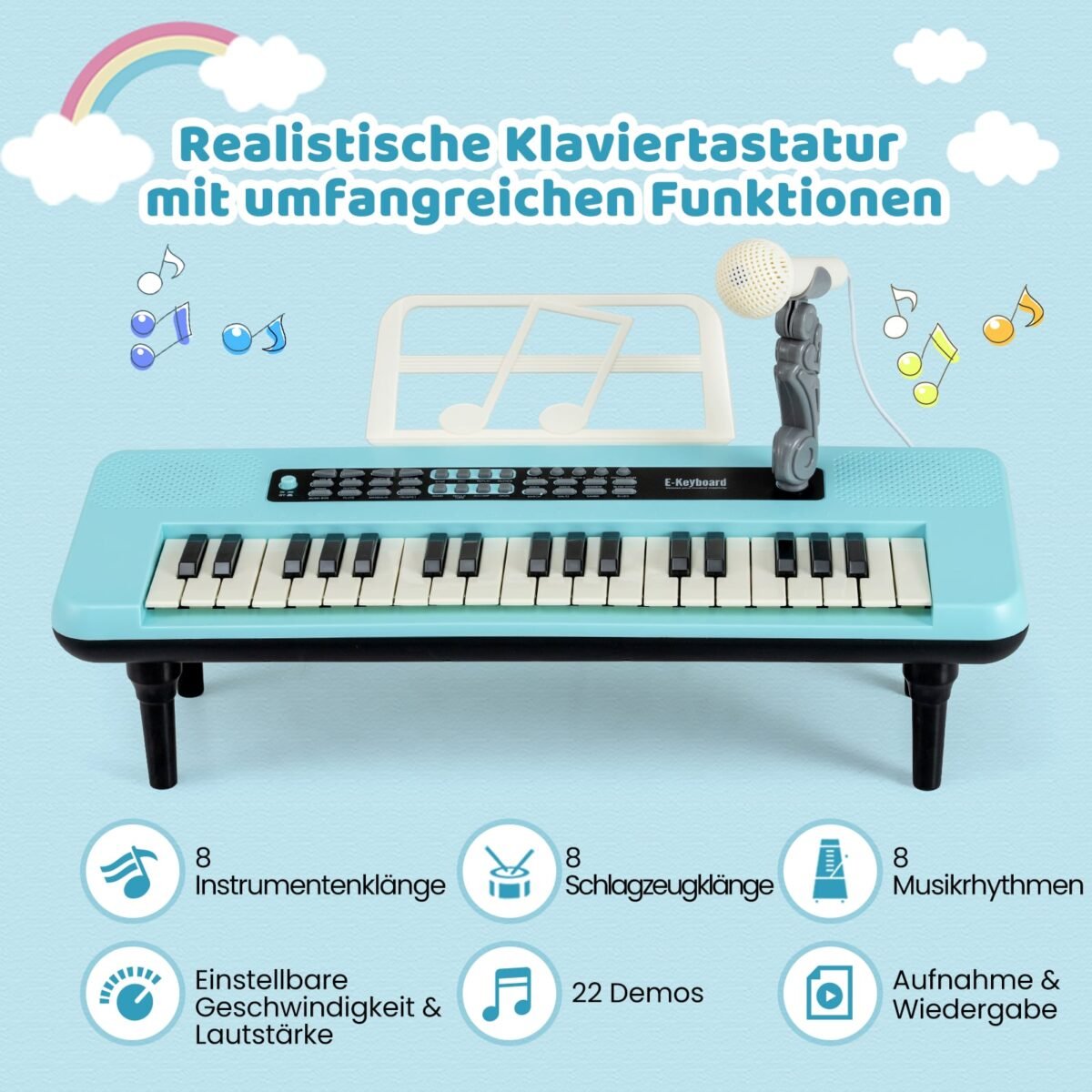 37 klavišų elektroninis pianinas vaikams su mikrofonu ir nuimamomis kojelėmis (Mėlyna) – Paveikslėlis 3
