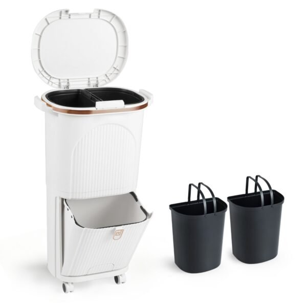 38L virtuvės šiukšliadėžė su atliekų rūšiavimo sistema pedaliniu atidarymu ir ratukais (Balta)