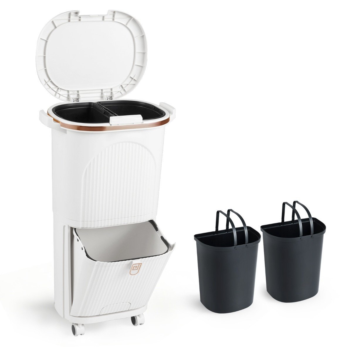 38L virtuvės šiukšliadėžė su atliekų rūšiavimo sistema pedaliniu atidarymu ir ratukais (Balta)