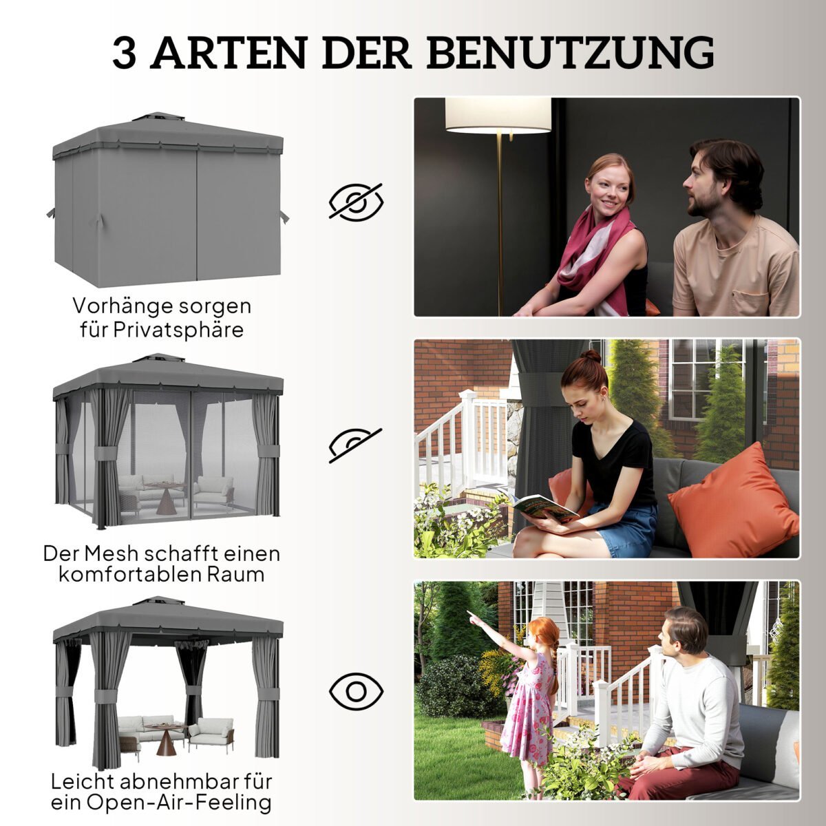 3x3m Sodo pavėsinė su dvigubu stogu ir privatumo užuolaidomis – Paveikslėlis 6