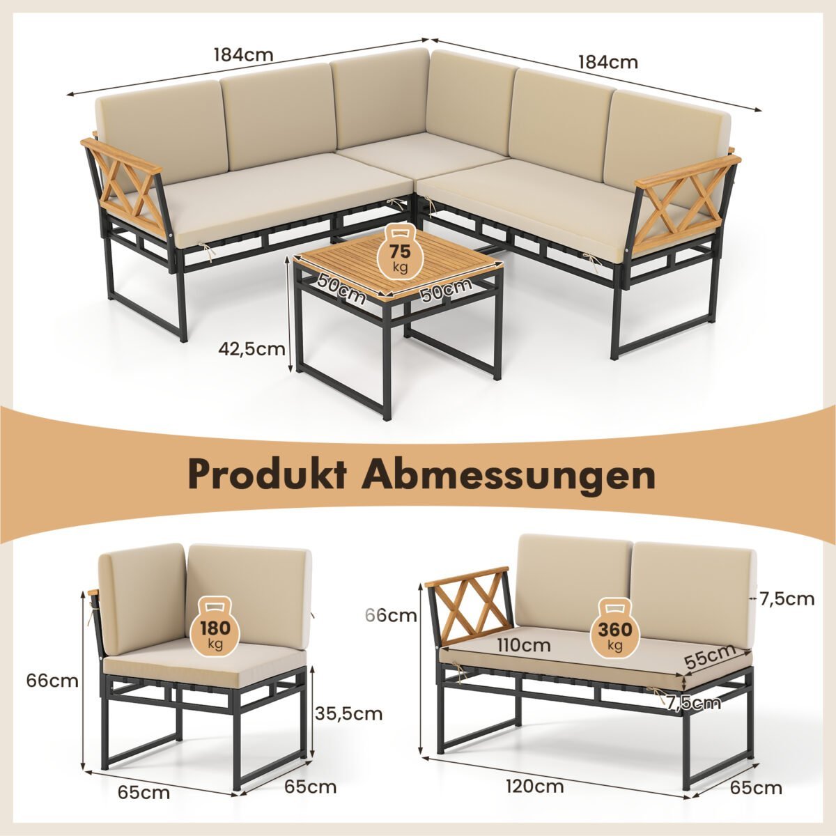 4 dalių L formos lauko sofos komplektas su akacijos medžio detalėmis (Smėlio) – Paveikslėlis 2