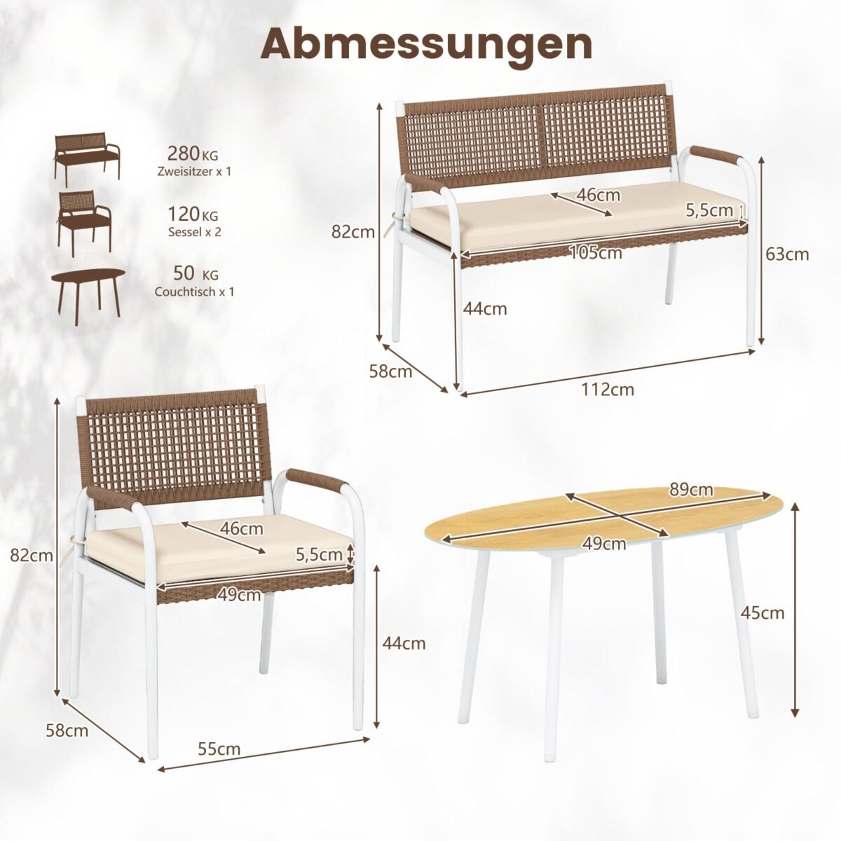 4 dalių ratano sodo baldų komplektas su stikliniu stalu (Smėlio) – Paveikslėlis 2