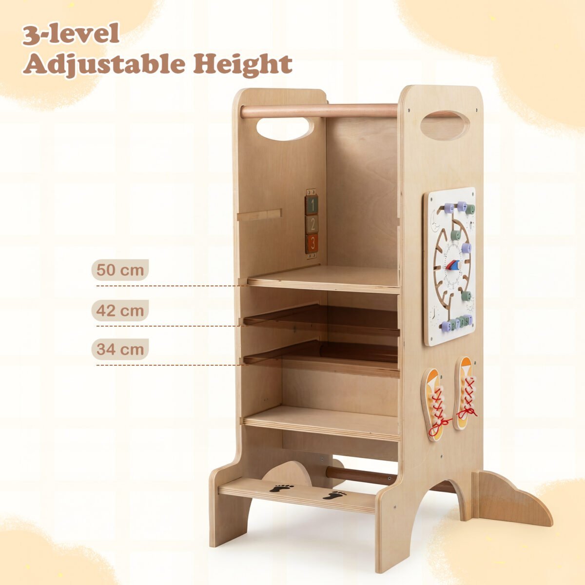 Montessori mokymosi bokštas su reguliuojamu aukščiu ir lenta 4-in-1 (Natūrali) – Paveikslėlis 2